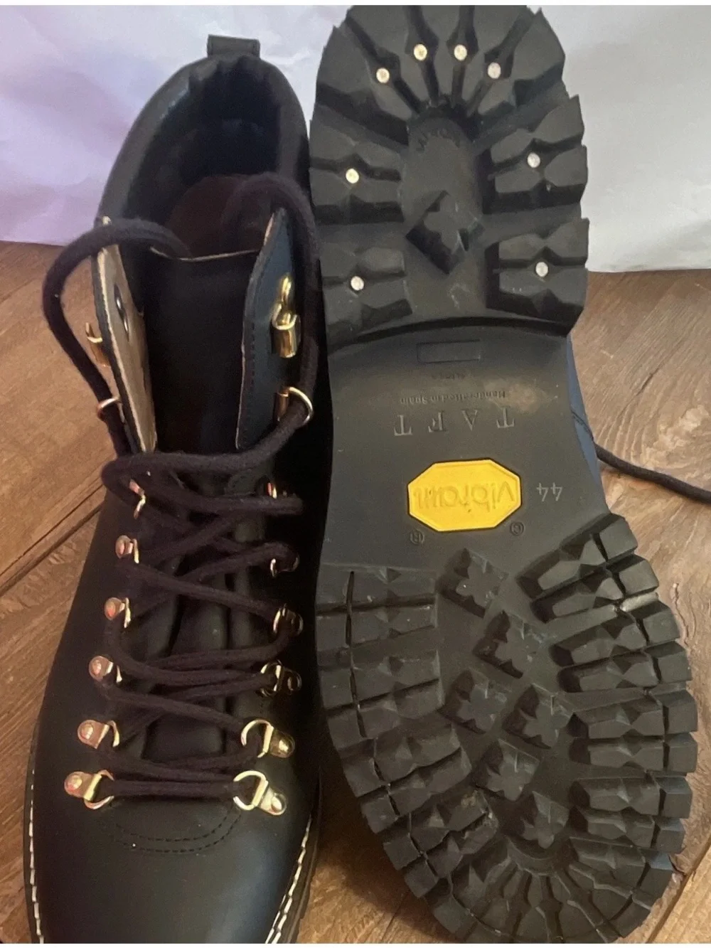 TAFT Viking Leather Boots Mens 11 Midnight Black Gold Handmade in Spain, Vibram
